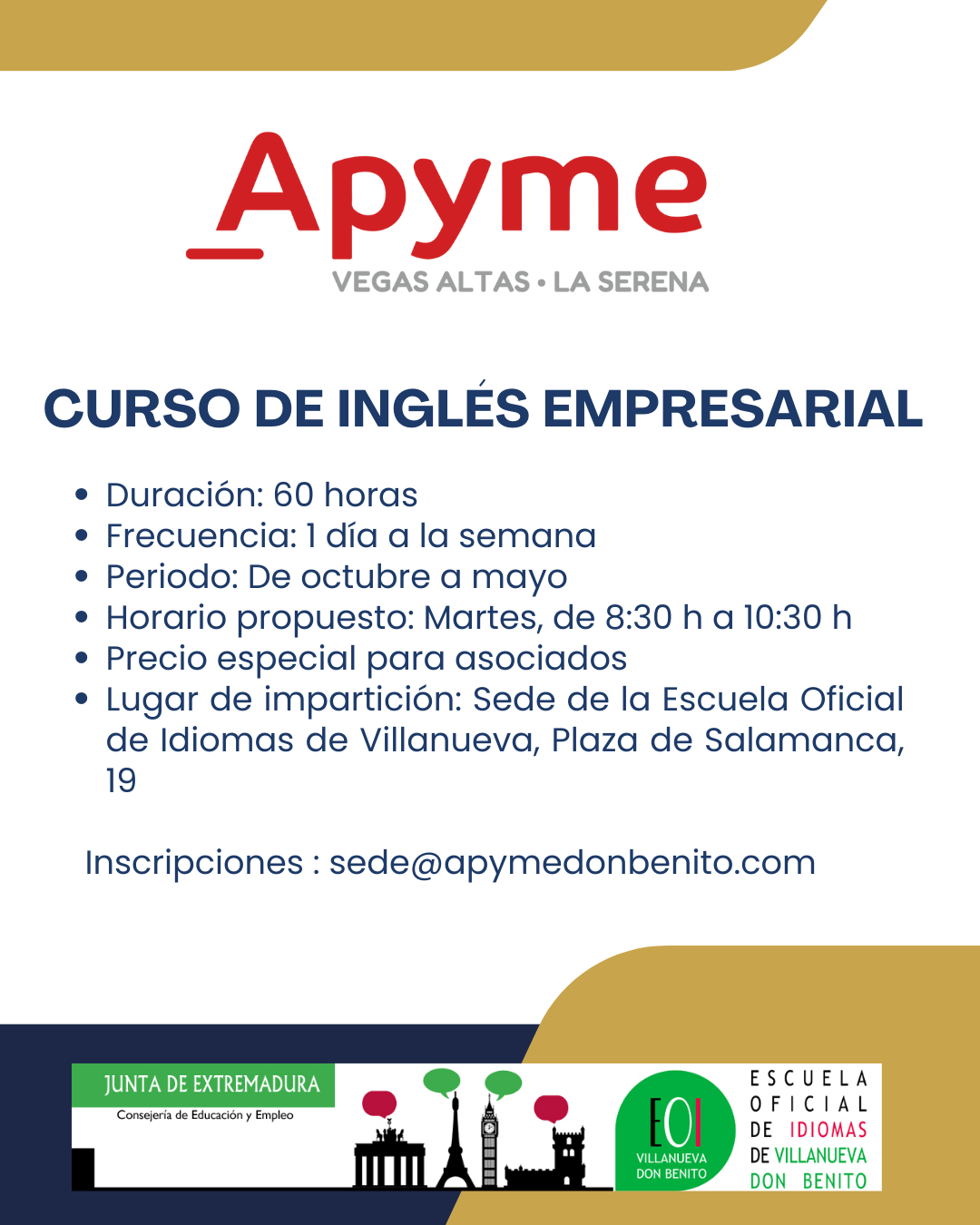 APYME y la Escuela Oficial de Idiomas renuevan su colaboración para ofrecer un curso de Inglés Empresarial para las empresas asociadas