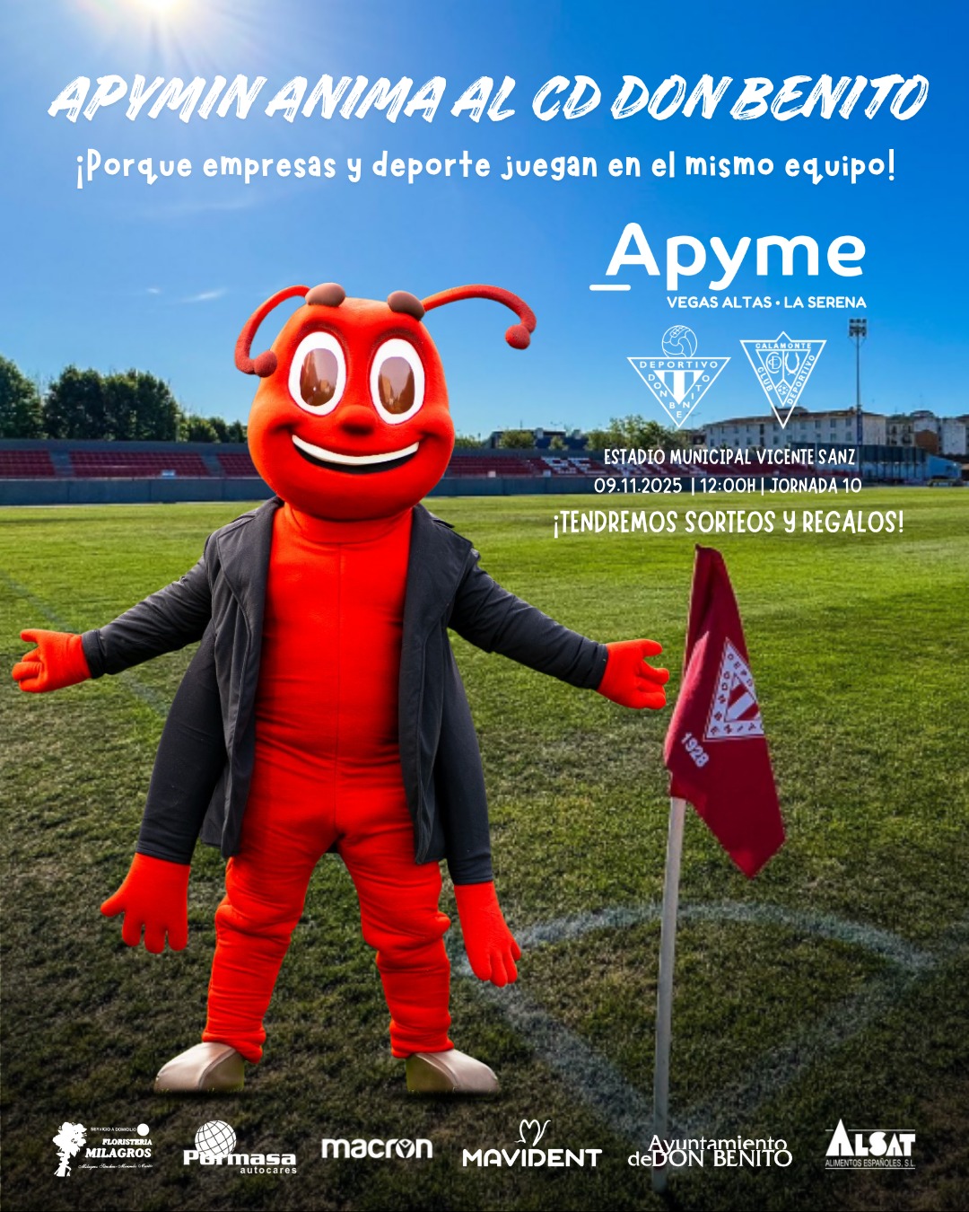 APYME Vegas Altas – La Serena impulsa el vínculo entre empresa  y deporte con la presencia de su mascota APYMIN animando al CD DON BENITO