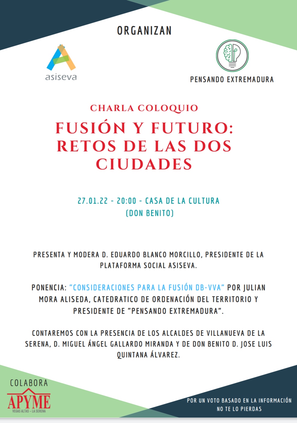 APYME VEGAS ALTAS – LA SERENA ASISEVA Y PENSANDO EXTREMADURA   PRESENTAN LAS JORNADAS “FUSIÓN Y FUTURO: RETO DE LOS DOS CIUDADES”