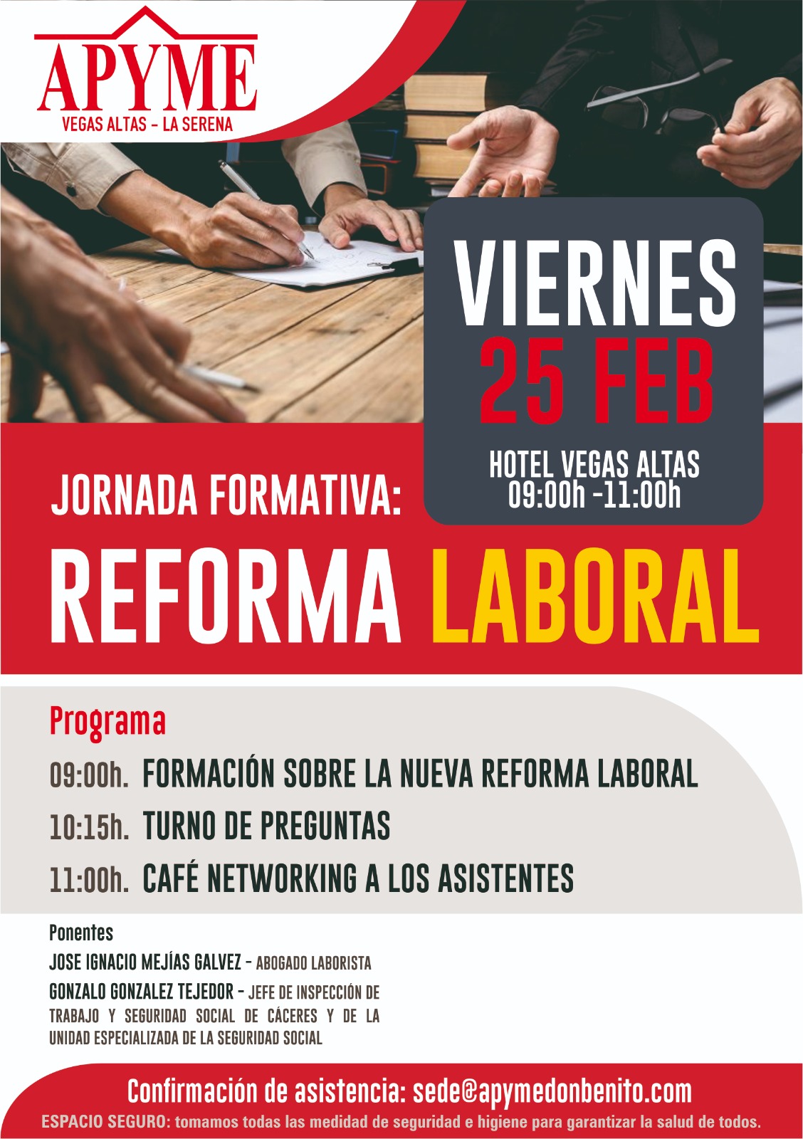 APYME Vegas Altas – La Serena adelanta el horario de sus jornadas sobre la nueva Reforma Laboral del próximo día 25 de febrero a las 8:30 horas