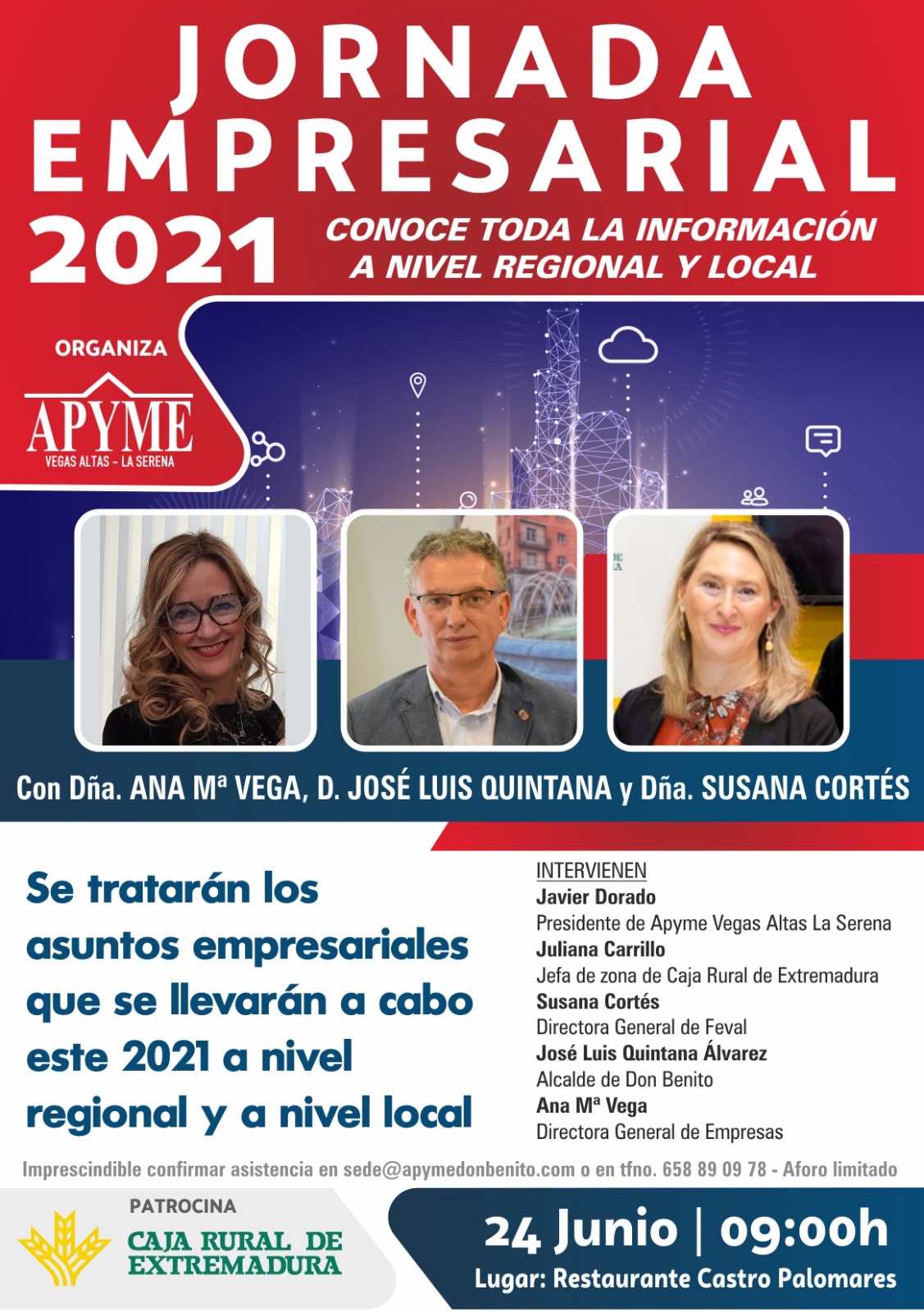 APYME Vegas Altas – La Serena organiza, con el patrocinio de Caja Rural de Extremadura, unas jornadas empresariales para dar a conocer los proyectos regionales y locales del 2021