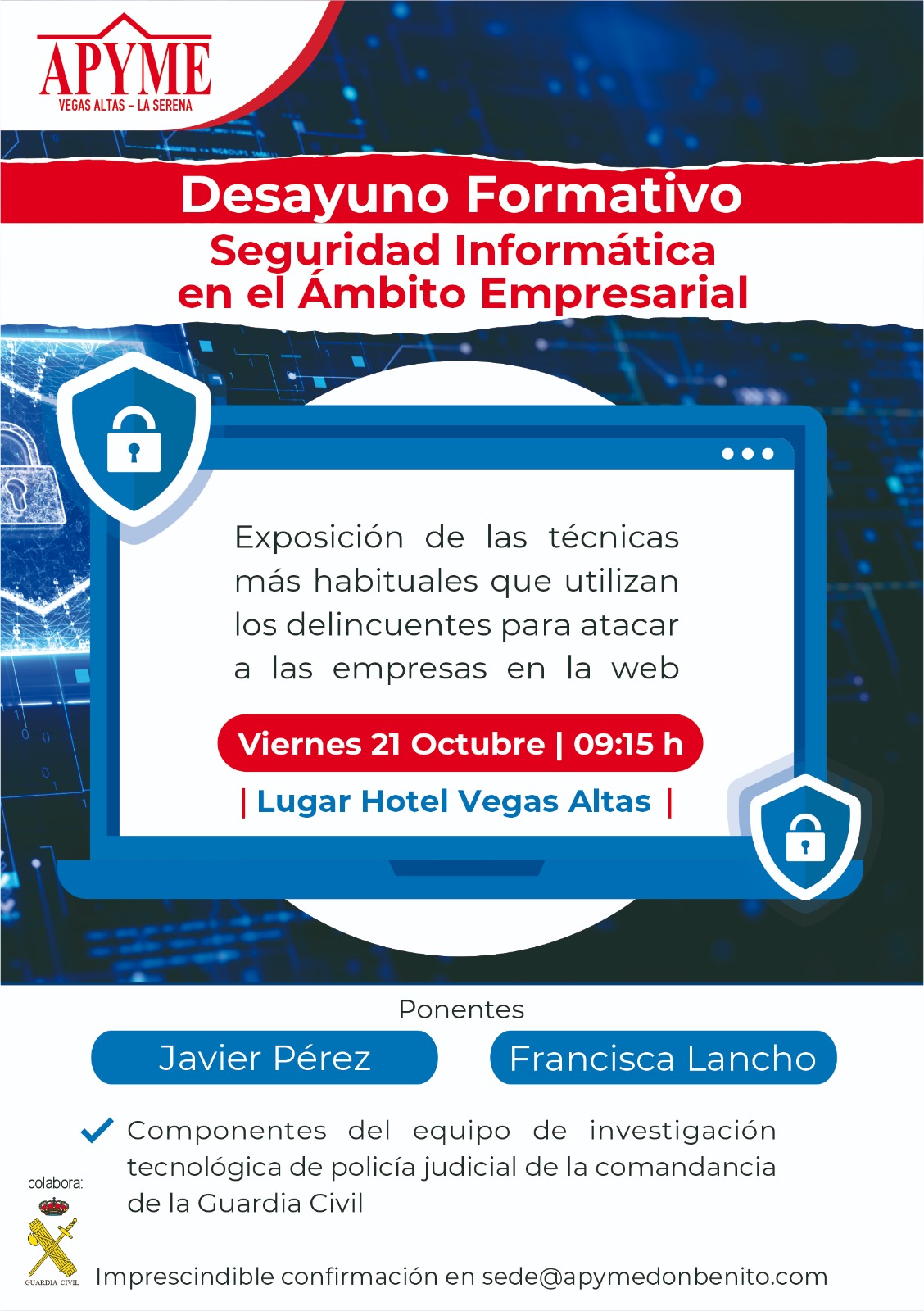 APYME Vegas Altas – La Serena organiza un desayuno de trabajo, el próximo día 21 de octubre, sobre la seguridad informática en el ámbito empresarial